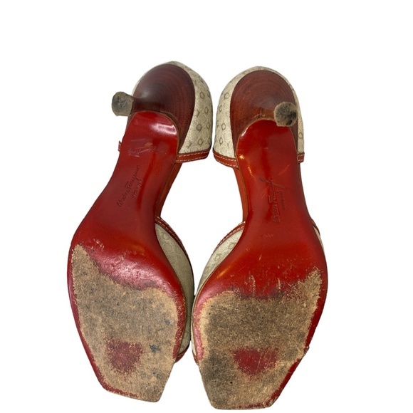 Salvatore Ferragamo Kitten Heel Open Toe Red Leather Fabric Women's Size 7 - Picture 8 of 8